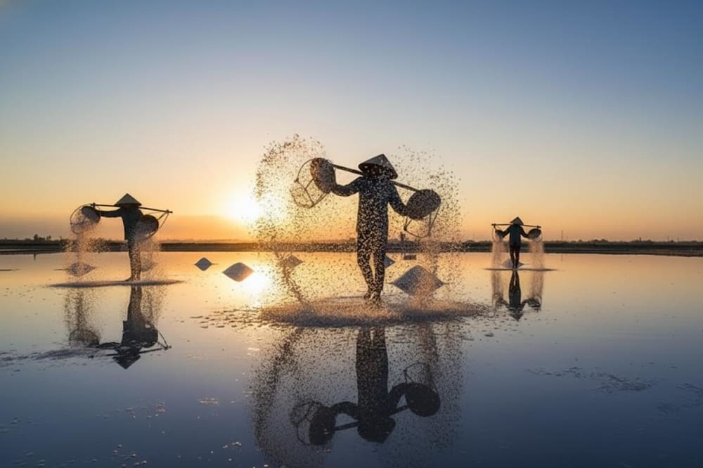 Khung cảnh những &ocirc; ruộng muối trắng tinh lấp l&aacute;nh dưới &aacute;nh mặt trời tạo n&ecirc;n bức tranh tuyệt đẹp.